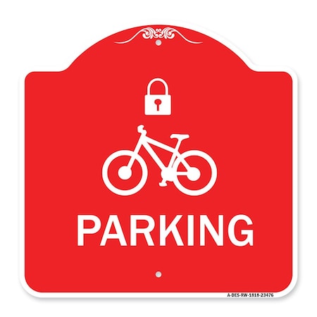 Signmission Parking With Cycle and Lock, Red & White Aluminum Architectural Sign, 18" x 18", RW-1818-23476 A-DES-RW-1818-23476